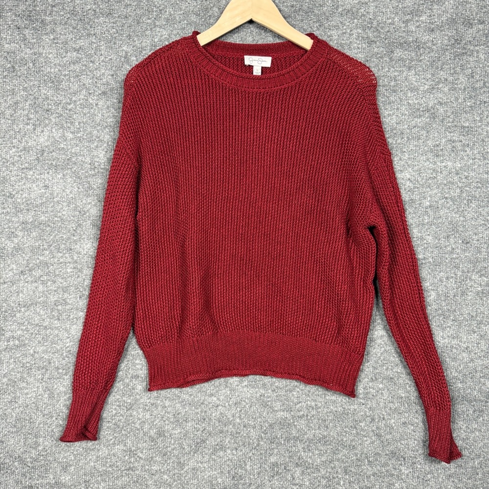 Jessica Simpson Womens Size Large Sweater Top Red Roll Neck Crochet Minimalist